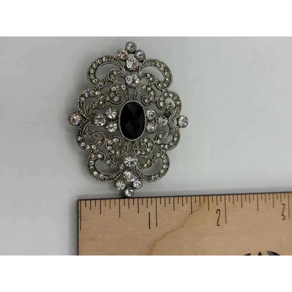 NWOT Vintage Monet Brooch Silvertone Filigree Rhinestone